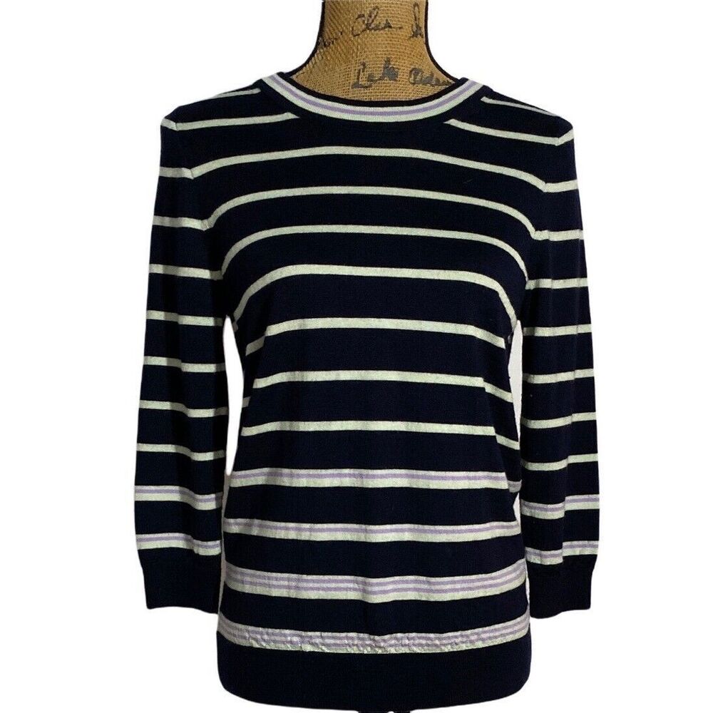 J Crew‎ Sweater M Navy Blue Green Purple Stripe 100% Merino Wool Crew Neck Cozy